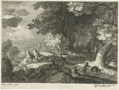 Wooden Bridge in a Forest Landscape (series: Landscapes from Tyrol) by Egidius  Sadeler (II)