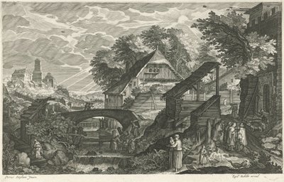 Houses by a River (series title: Eight Landscapes in Bohemia) by Egidius  Sadeler (II)