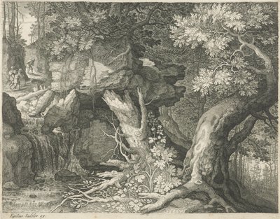 Travelers Above a Waterfall (Six Landscapes) by Egidius  Sadeler (II)