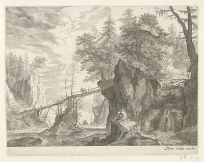 Drawer Sitting on a Stone in Front of a Bridge (series title: Mountain Landscapes from Tyrol) by Egidius  Sadeler (II)