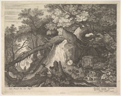 A Man Holding a Staff and Seated on a Tree Trunk, with Two Goats to Either Side by Aegidius Sadeler II