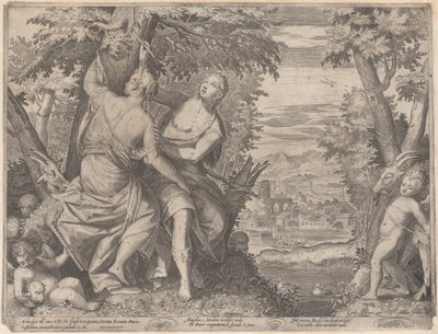 Angelica and Medoro, They Stand Next to a Stream as Medoro Carves Their Names by Aegidius Sadeler II