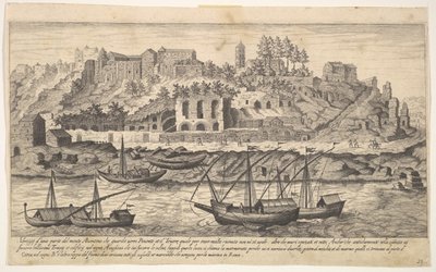 Plate 21: view from the west of ruins of the Aventine Hill, Rome, with boats on the river by Aegidius Sadeler II