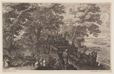 Scene One: Watermill on an Island in a River with Men Fishing, from Eight Scenes from Bohemia by Aegidius Sadeler II
