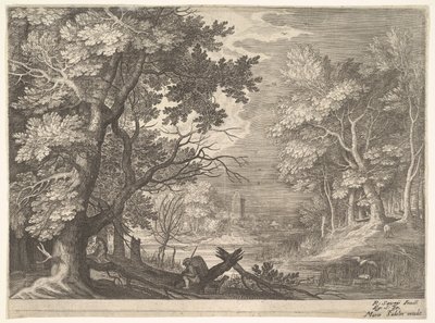 Woodland Scene with Marshy Banks, Two Men and a Dog in Profile at Left, Two Long-necked Birds by Aegidius Sadeler II