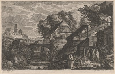 Farm Houses by a River with a City Beyond by Aegidius Sadeler II after Pieter Stevens