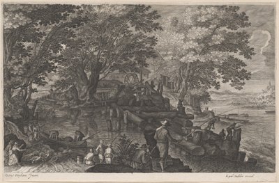 Fishermen by an Island Watermill by Aegidius Sadeler II after Pieter Stevens