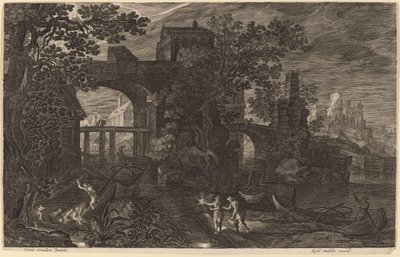 Nocturnal Landscape with River Fishermen outside City Walls by Aegidius Sadeler II after Pieter Stevens