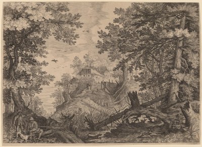 Woodland Scene with Two Hunters and a Dog to the Left by Aegidius Sadeler II after Roelandt Savery