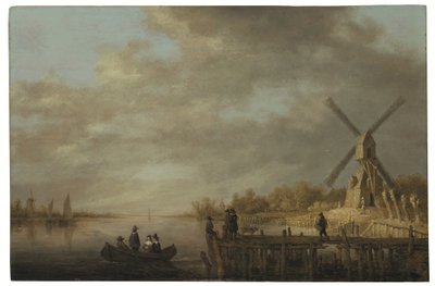 A River Landscape with a Windmill and Gentlefolk in a Rowing Boat and on a Jetty in the Foreground by Aelbert Cuyp