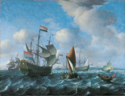 A Man-o-war, Possibly Het Wapen van Utrecht, a Wijdschip and a Spiegelsloep in a Stiff Breeze by Aernout Smit