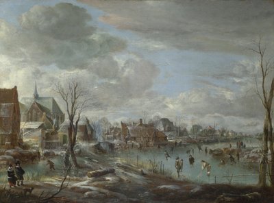 A Frozen River near a Village, with Golfers and Skaters by Aert van der Neer