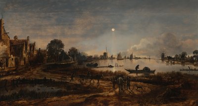 River view by moonlight by Aert van der Neer
