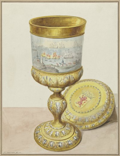 Golden Cup with Lid, Given to Cornelis de Witt on the Occasion of the Raid on the Medway, 1667 by Aert Schouman (signed by artist)