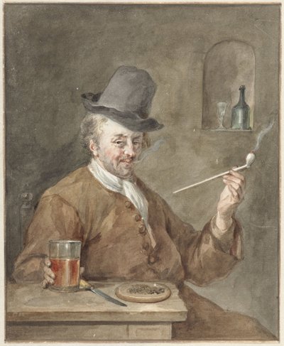 Man Smoking a Pipe at a Table with a Plate, a Knife, and a Glass by Aert Schouman
