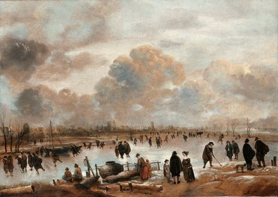 A Winter Landscape with Skaters and Townsfolk on a Frozen Waterway by Aert van der Neer