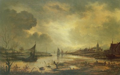 Dutch Town on a River by Moonlight by Aert van der Neer