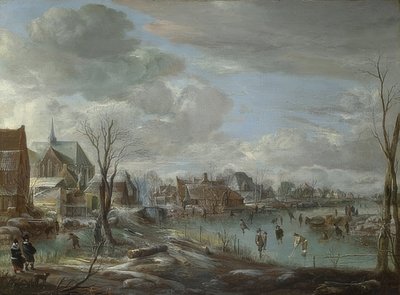 A Frozen River Near a Town with Golfers and Skaters. Around 1648 by Aert van der Neer