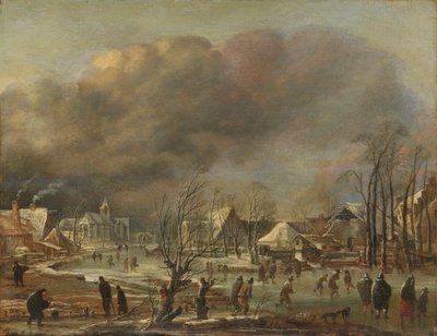 Snowfall on a Village beside a Frozen Canal by Aert van der Neer