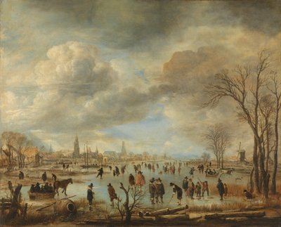 Winter Landscape near a Town with Kolf Players and Horse-Drawn Sleighs by Aert van der Neer