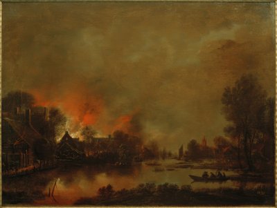 Nocturnal Canal Landscape with Fire in a Village by Aert van der Neer der Ältere