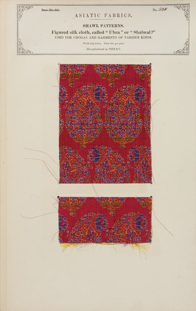 Figured silk cloth sample made in Herat, from The Collection of the Textile Manufacturers of India, by John Forbes Watson, published in 1866 by Afghan School