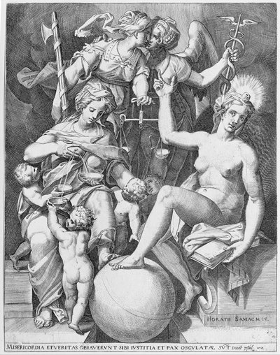 Allegory of the Psalm of David, Misericordia seated to the left feeding four children by After Agostino Carracci.