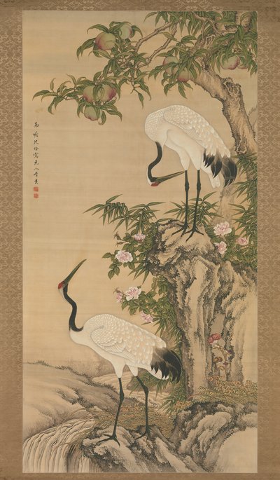 Cranes, Peach Tree, and Chinese Roses by After Shen Quan