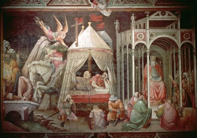 Cosroe uses the power of the cross to invoke the adoration from his people and Heraclius Dream and his Victory over Cosroe by Agnolo Gaddi