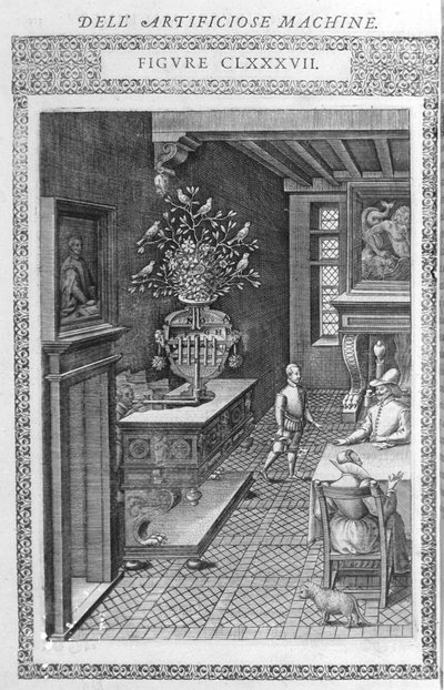 Fountain with Fake Birds Singing. Project by Agostino Ramelli, from “Diverse and Artificiosis Machine”. Milan 1600 by Agostino (after) Ramelli