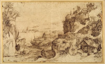 Downward view of a fortified harbour by Agostino (attr. to) Carracci