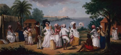 A Negroes Dance in the Island of Dominica, Fort Young beyond by Agostino Brunias