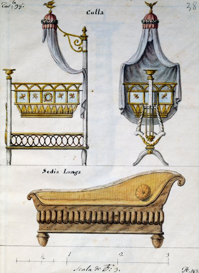 Baby Bed and Sofa, from Lavori di Falegname e Fabbro Ideati e Disegnati da Me Agostino Fantastici, Manuscript 3, Plate 38 by Agostino Fantastici