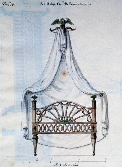 Canopy Bed for Alexander Saracens, from Lavori di Falegname e Fabbro Ideati e Disegnati da Me Agostino Fantastici, Manuscript 3, Plate 18 by Agostino Fantastici
