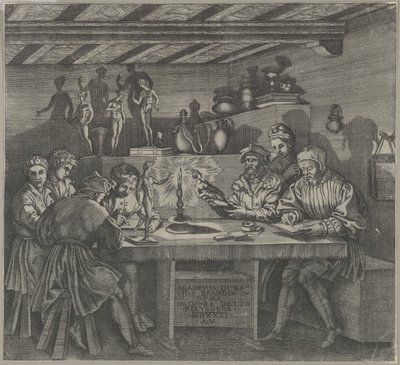 Baccio Bandinelli in His Studio Holding a Statuette of Venus, Students Sketching by Agostino Veneziano