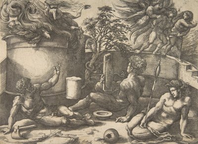 Cain Holding a Mirror Watching His Sacrifice Engulfed in Flames, Adam and Eve Seated by Agostino Veneziano