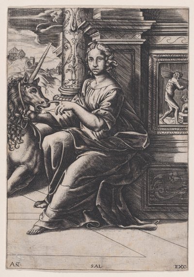 Chastity, a woman seated, a unicorn to her right by Agostino Veneziano