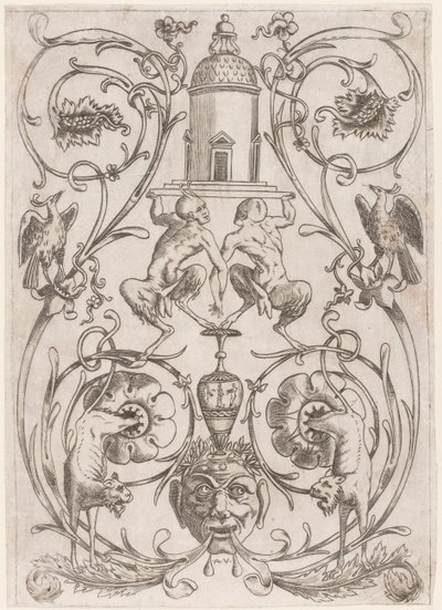 Grotesque Ornament with Satyrs, from a set of twenty ornament panels by Agostino Veneziano