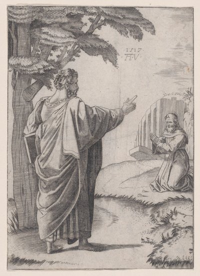 Saint Paul and the Franciscan Friar, dated 1517 by Agostino Veneziano