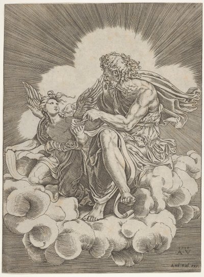 St. Matthew, Seated on a Cloud and Dipping a Quill into an Inkwell Held by an Angel..., ca. 1518-20 by Agostino Veneziano