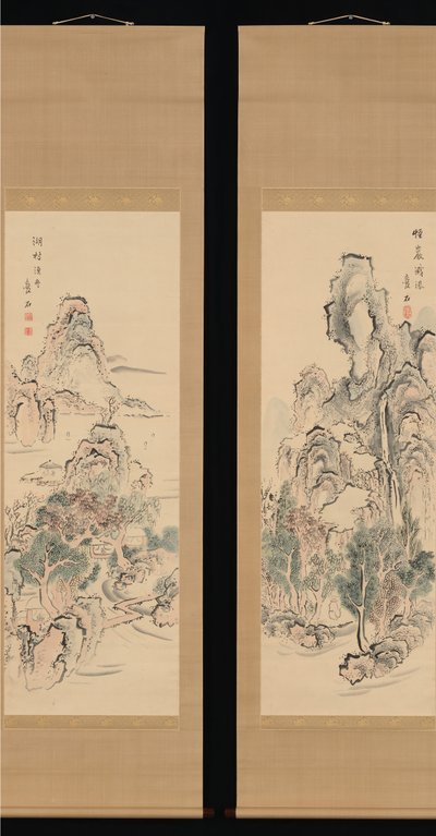Fantastic Rocks with Cascading Waterfall, Fishing Boats by a Lake Hamlet by Aiseki