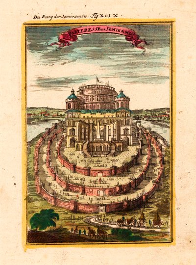 The Fortress and Hanging Gardens of the Legendary Queen Semiramis in Babylon - Fortress of Semiramis - Copper Engraving and Watercolour by Alain Manesson Mallet (1630-1706) by Alain Manesson Mallet