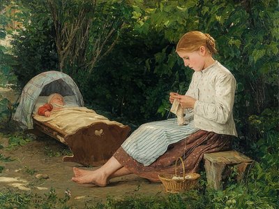 Knitting Girl, Watching a Toddler in the Cradle. 1885 by Albert Anker