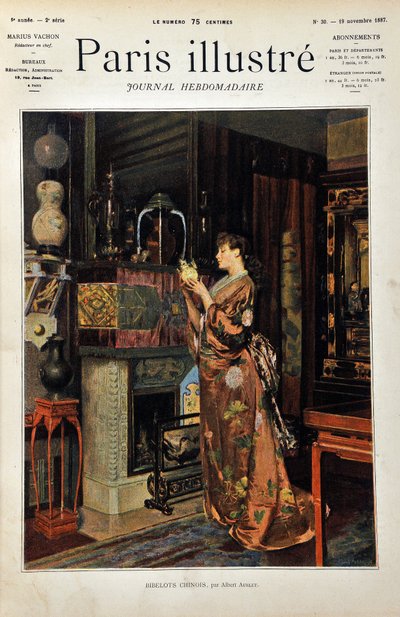 Chinese trinkets. A European woman dressed in the Orient observes her collection of Chinese objects. Illustration by Albert Aublet (1851-1938). Engraving from 1887 in 