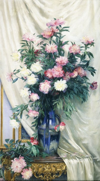 Peonies in a Blue Vase on a Draped Regency Giltwood Console Table by Albert Aublet