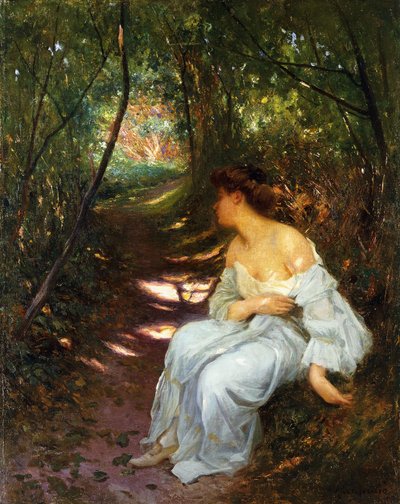 A Young Woman Seated on a Wooded Path by Albert Auguste Fourie