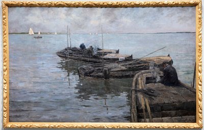 On the Lower Scheldt, Last Rays, Fishermen Moored by Albert Baertsoen