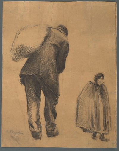 Study of a Man Seen from the Back, Carrying a Bag, and a Woman with a Hooded Cloak by Albert Baertsoen