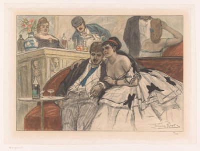 Man and Woman Sitting on a Red Couch by the Bar of a Theater by Albert Bertrand (attributed to)
