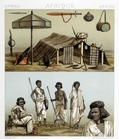 Camp and traditional clothing from Nubia. Illustration in 